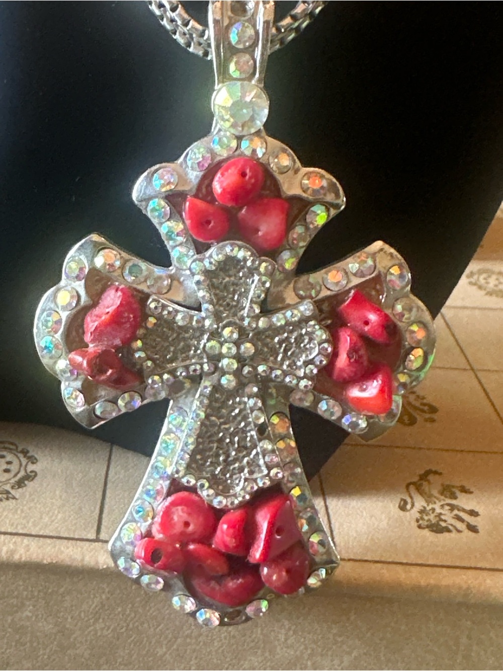Rhinestone Cross Pendant Necklace with Red Coral Accent